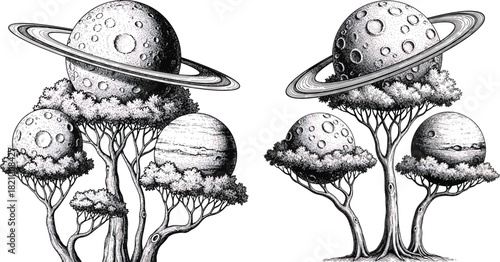 Etched Planetary Tree Vector Set Featuring Surreal Cosmic Botanical Artwork In Detailed Vintage Monochrome Style