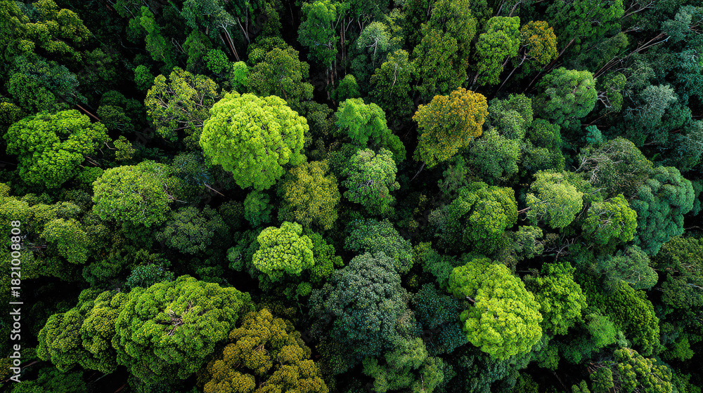 Naklejka premium bird's eye view of rainforest tree canopy with green leaves