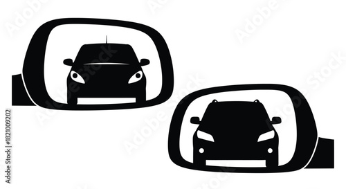 Two car side mirrors showing cars behind, in black and white.