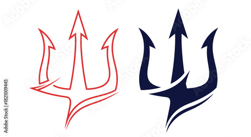 Two trident designs, one red outline and one solid navy blue, side by side.