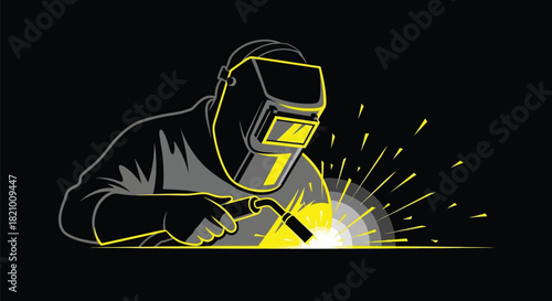 Welder at Work with Bright Welding Sparks Illustration
