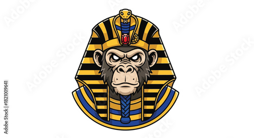 Chimp wearing an ancient Egyptian pharaoh's nemes headdress, cartoon style illustration.
