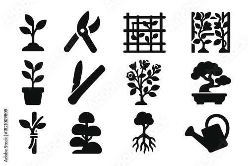 Plant Care Icons. Solid style icons of plant selection and training: nursery sapling, pruning shears, espalier frame, trellis vine