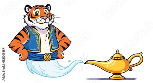 A cartoon tiger character dressed as a genie emerges from a magical golden lamp on a white background.