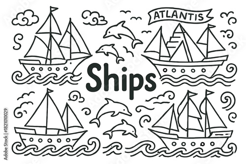Drawing of four boats and a dolphin with the word "Ships" written below