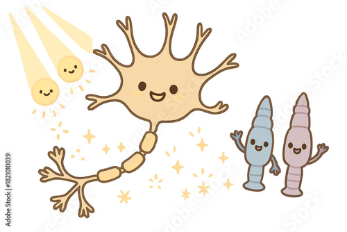 Joyful Neural Light Show. Cute doodle light-controlled neuron illustration with happy axons and dendrites, cartoon photoreceptors