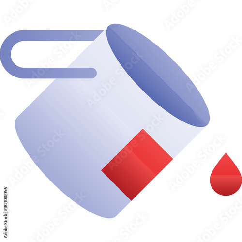 A light purple paint bucket tilted spilling bright red liquid and a single drop falling on a transparent background graphic design element symbolizing creativity and art