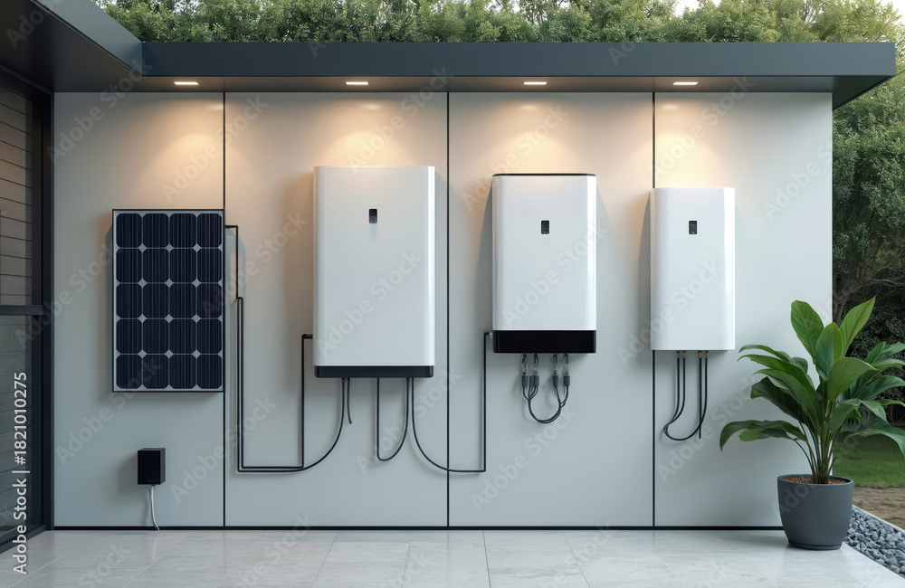 Naklejka premium Modern home features wall mounted solar energy storage battery system with connected inverter and charging station for electric vehicles. Sustainable power solution for residential house.