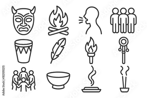 Ritual Ceremony Icons. Line style icons of Ritual Ceremony: Ceremonial Mask, Sacred Fire, Chant, Community Gathering; Drum,
