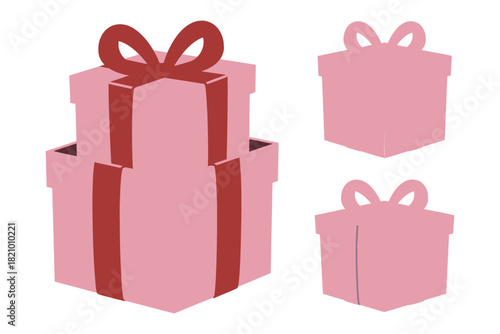 A stack of pink gift boxes tied with red ribbon sits next to two smaller, individual pink gift boxes, all isolated on a white background.