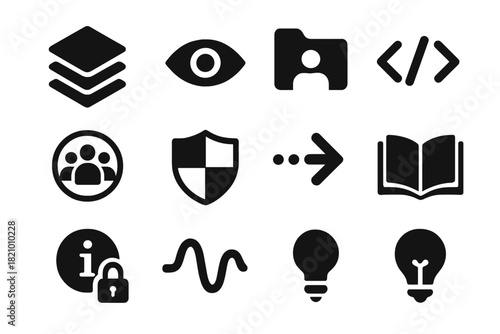 Transparency and Openness Icons. Solid style icons of transparency and openness: transparent layers icon, open eye, visibility