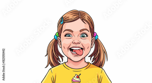 Playful Young Girl with Pigtails Making a Funny Face.