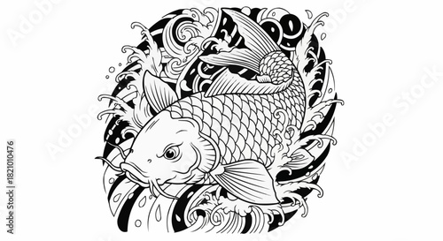 Japanese Koi fish swimming in waves line art illustration.