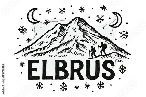 Mountain range with two people on it and the word ELBRUS