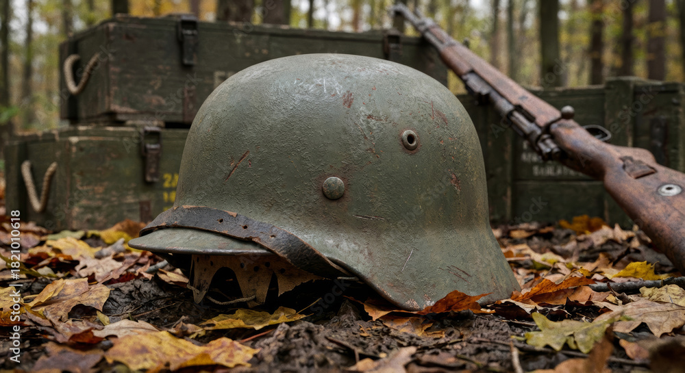 Fototapeta premium German helmet from the Second World War, lying on the ground