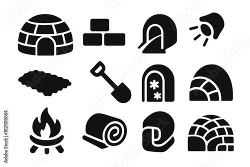 Arctic Shelter Icons. Solid style icons of Arctic Shelter: dome-shaped igloo, ice bricks, snow tunnel, arctic light, fur sleeping