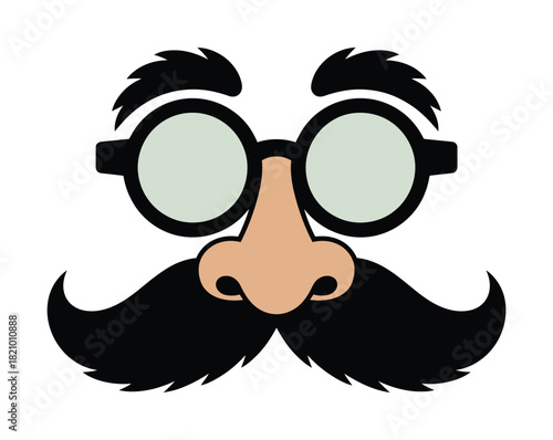 A novelty mask featuring a large black mustache, a prominent brown nose, and thick-rimmed round glasses, isolated on a white background for a playful disguise.