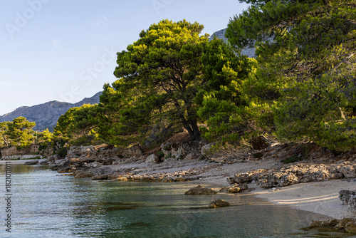 Fototapeta Naklejka Na Ścianę i Meble -  Coastline with beach, Croatia, Makarska. Drone view, aerial landscape.