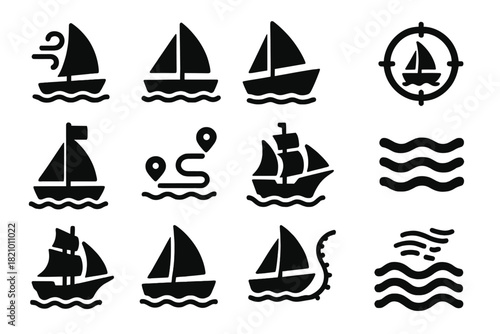 Sailing Icon Set. Solid style icons of sailing and marine travel: sail with wind, yacht on waves, open sea voyage, compass with