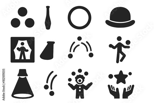 Circus Juggling Icons. Solid style icons of Juggling: three juggling balls, juggling pin, circus tent, stage performance, juggling