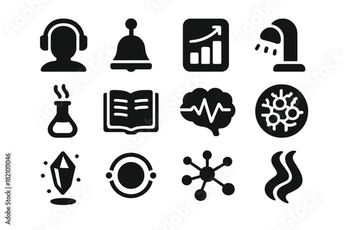 Mind-Expanding Tool Icons. Solid style icons of Mind-expanding tools: guided audio, meditation bell, visualization chart, colored
