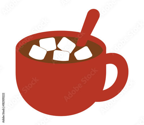 A simple illustration of a steaming mug of hot chocolate topped with marshmallows and a spoon rests inside, perfect for a cozy winter beverage.