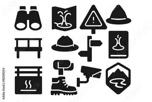 Geyser Exploration Icons. Solid style icons of Geyser Exploration: binoculars, geothermal map, warning sign, viewing platform,