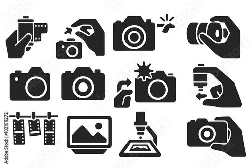 Photography Process Icons. Solid style icons of Photography Process: loading film, winding lever, focusing lens, pressing shutter,