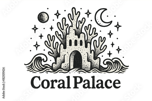 Drawing of a coral palace with a castle and a wave