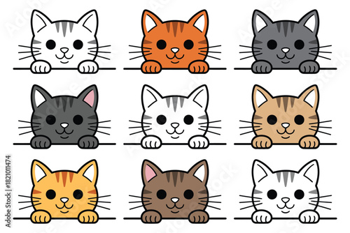 A collection of nine cute and friendly cartoon cats with various fur colors peeking over an invisible ledge, presented in a grid layout for a playful and charming visual display.