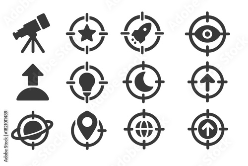 Visionary Icons Set. Solid style icons of Future vision: telescope aim, star goal, rocket bullseye, visionary target, dream focus,