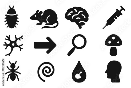 Neuroparasitology Icon Set. Solid style icons of neuroparasitology and host manipulation: parasite, rat, brain, syringe, neuron,