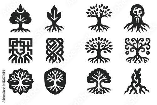 Roots of Culture. Solid style icons of Roots in Culture: sacred tree, symbolic root, family tree, root carving, ancient root art,