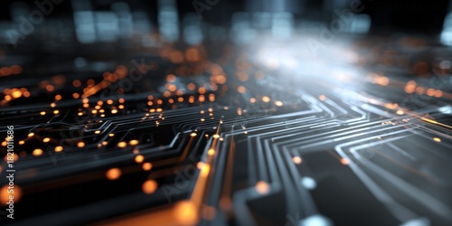 Abstract digital circuitry glows with intense orange light in a dark futuristic environment