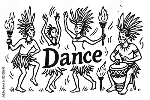 Drawing of four people in costumes with the word dance written below them