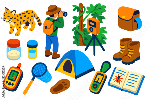 Rediscovered Jungle Species. Isometric vector illustration set Species Rediscovery: elusive animal rediscovery, scientist explorer