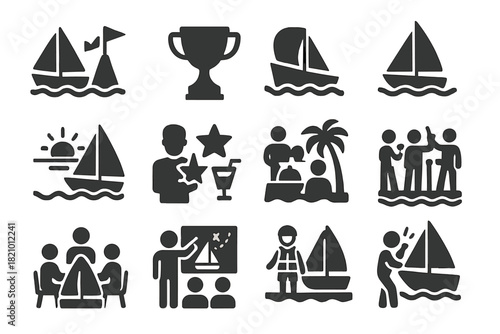 Yacht Club Icons. Solid style icons of Yacht club activities and events: regatta start, race marker, trophy cup, sailing lesson,