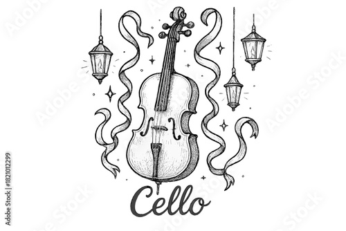 Drawing of a cello with ribbons hanging from the ceiling
