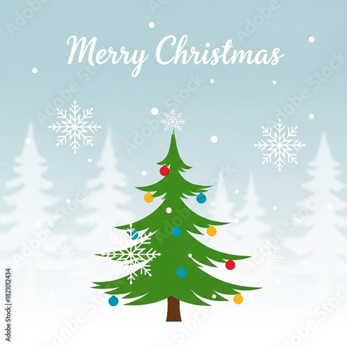 Merry Christmas greeting card – decorated Christmas tree with colorful ornaments and white beads on snowy landscape. Stylized pine trees and snowflakes on blue background.