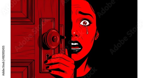 A frightened woman peering from behind a partially opened red door in a dramatic, stylized illustration
