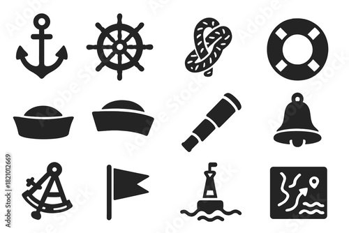 Maritime Icons Collection. Solid style icons of Maritime Life: anchor, ship wheel, rope knot, life buoy, sailor hat, compass rose,