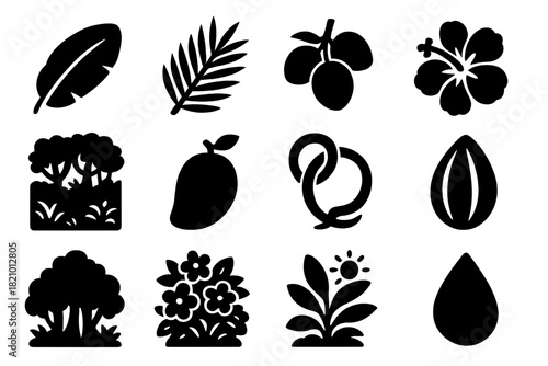 Tropical Icons Set. Solid style icons of Tropical Vegetation: banana leaf, palm frond, coconut cluster, island flower, dense