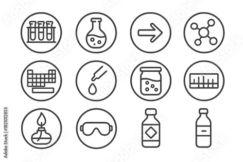 Chemistry Tool Icons. Line style round icons of chemistry tools: test tube rack, chemical flask, reaction arrow, molecule icon;