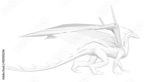 White origami dragon with a long tail and intricate polygonal details. Its wings are spread wide, and its head is held high with piercing yellow eyes. The pristine white scales create a majestic.