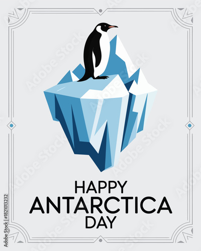Antarctica Day Penguin on Iceberg Illustration with Ocean and Decorative Frame