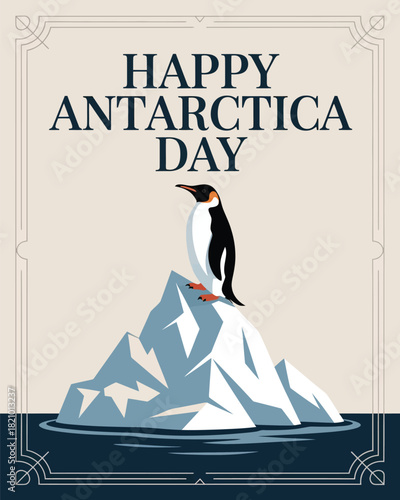 Antarctica Day Penguin on Iceberg Illustration with Ocean and Decorative Frame