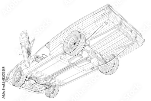 Vintage sport car wireframe model with detailed lines and curves on a white background. This 3D vehicle rendering has a realistic appearance.
