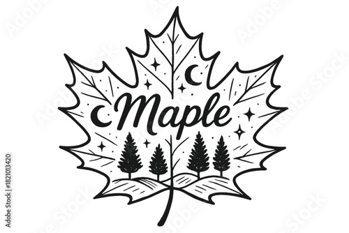 Black and white leaf with the word maple written on it