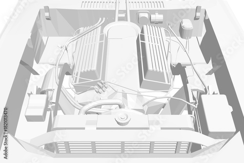 Polygonal 3D model of a vintage sport car engine, featuring detailed pistons, valves, and mechanical components isolated on a white background.