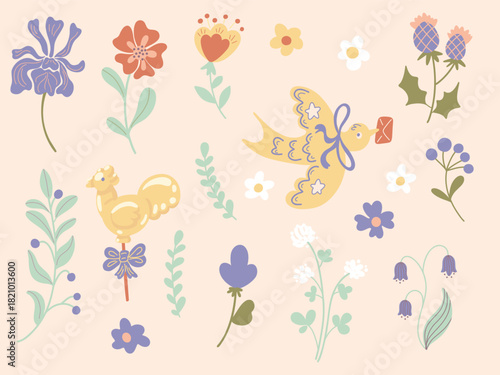 A set of 19 vector elements of flowers, birds, plants. Mint green, yellow, purple folk floral illustrations. A charming whimsical spring set for Easter card design in a cute, naive, retro style